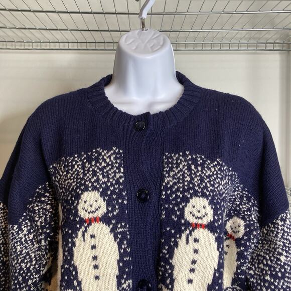 Vintage Jan Horrox Womens Blue Christmas Snowman Wool Button Up Cardigan Size 40 - Picture 7 of 11